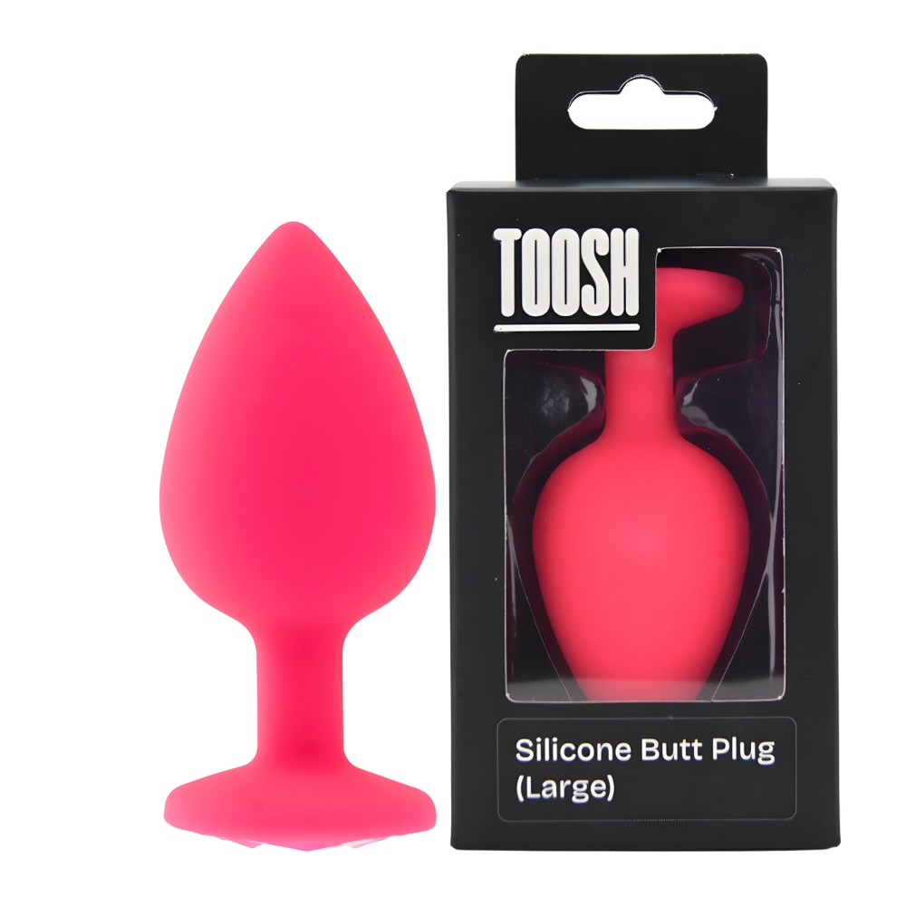 Toosh Pink Silicone Butt Plug Large, Pink soft silicone butt plug with a tapered tip and jewelled base