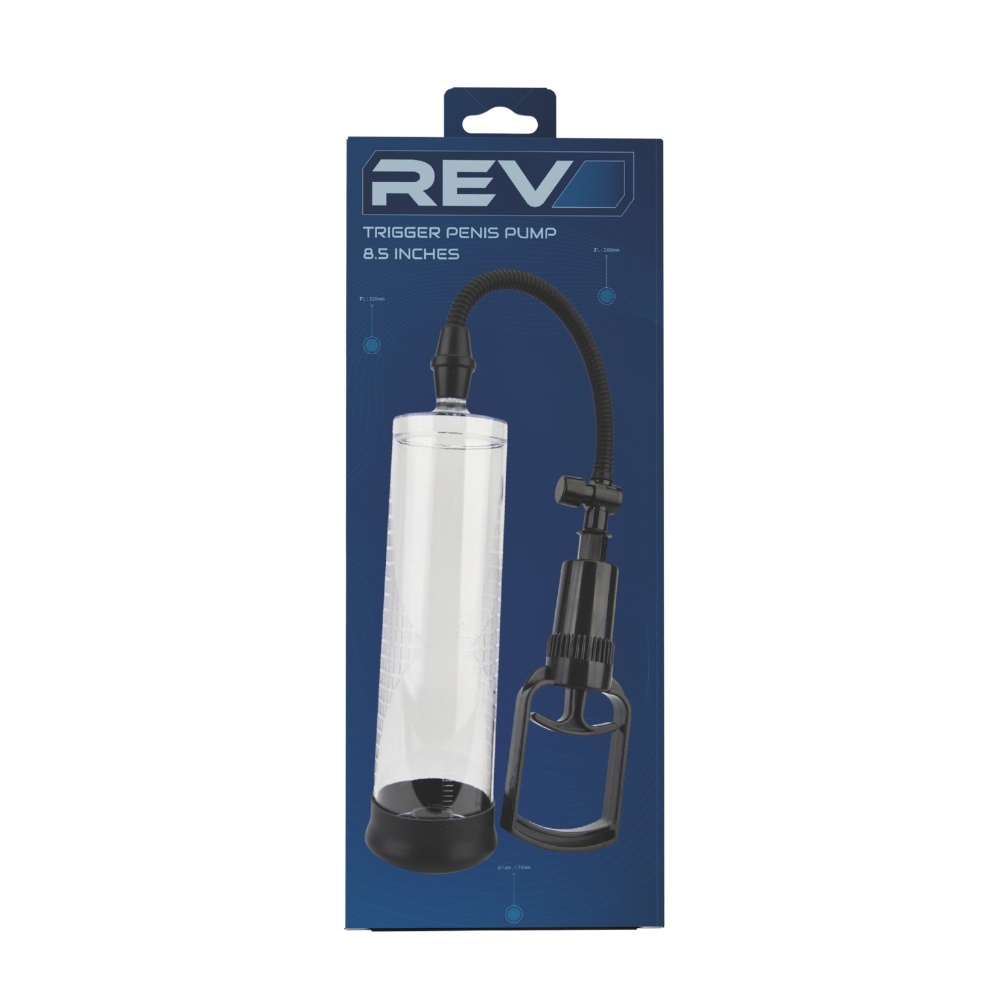 Rev-Pump Trigger Penis Pump 8.5 Inches, shown from the side