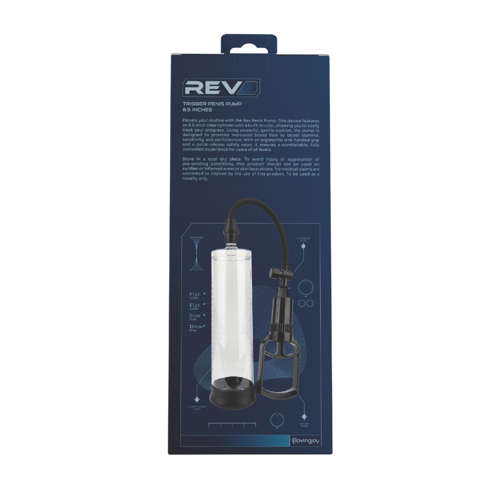 Rev-Pump Trigger Penis Pump 8.5 Inches, shown in its packaging