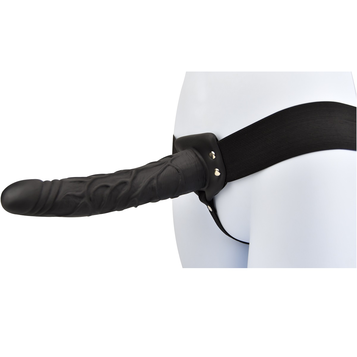 Loving Joy 9 Inch Hollow Strap On Black, Black hollow strap-on dildo with textured surface, cushioned base and stretchy elas…