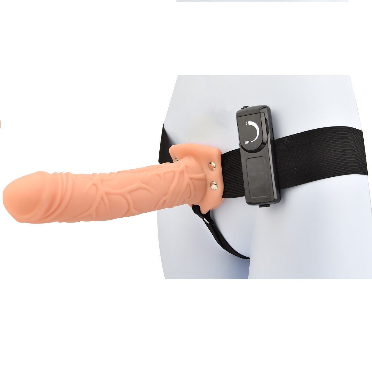 Loving Joy 8 Inch Vibrating Hollow Strap On Vanilla, Vanilla-coloured hollow strap-on with textured dildo, vibrating tip, cu…