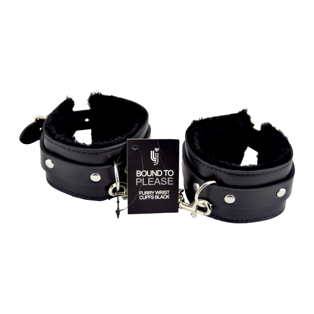 Bound to Please Furry Plush Wrist Cuffs Black, Pair of black plush fur-lined wrist cuffs joined by a short metal chain
