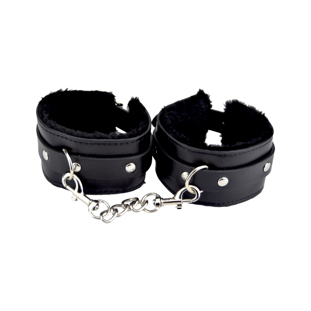 Bound to Please Furry Plush Wrist Cuffs Black, Pair of black plush fur-lined wrist cuffs joined by a short metal chain