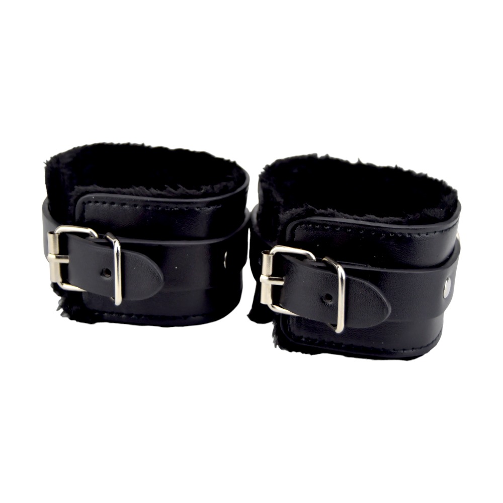 Bound to Please Furry Plush Wrist Cuffs Black, Pair of black plush fur-lined wrist cuffs joined by a short metal chain