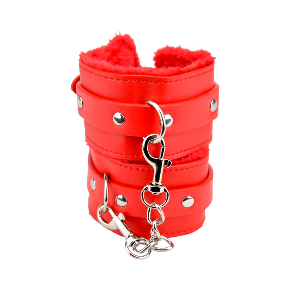 Bound to Please Furry Plush Wrist Cuffs Red, Red furry plush-lined wrist cuffs joined by a short metal connecting chain