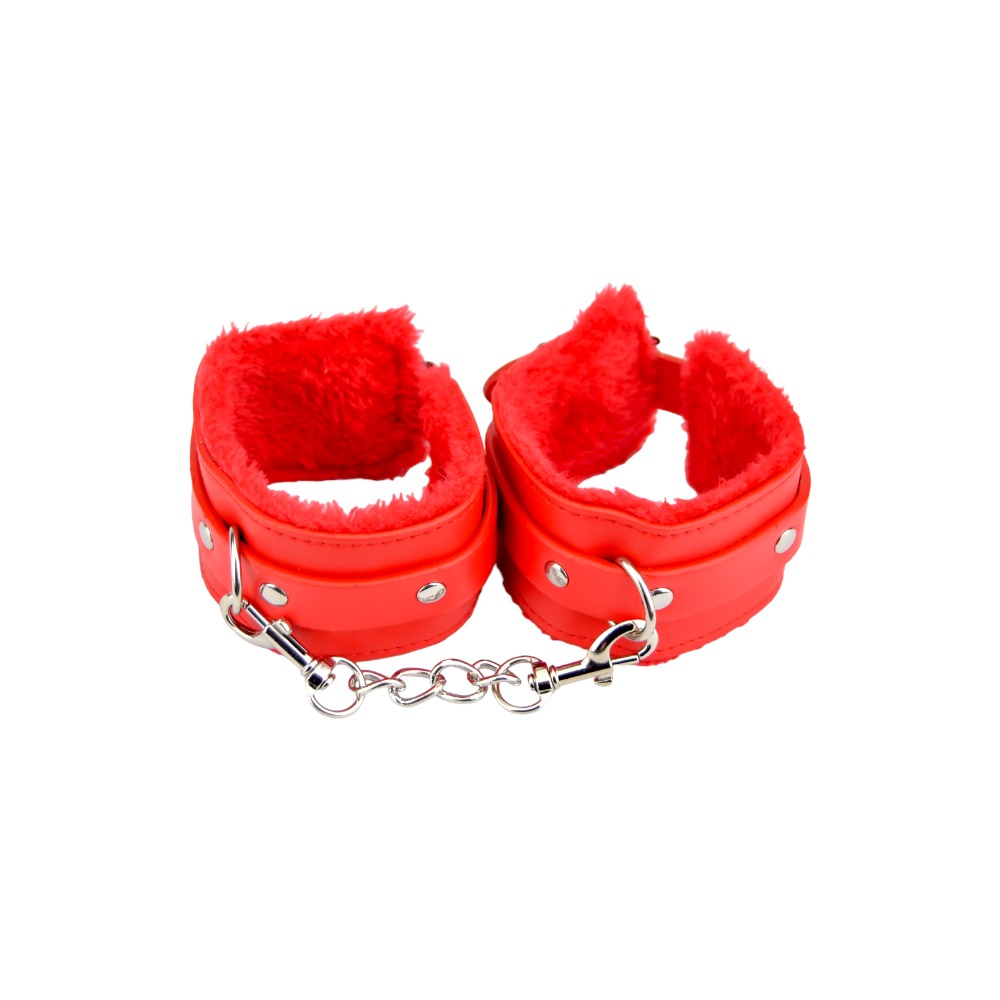 Bound to Please Furry Plush Wrist Cuffs Red, Red furry plush-lined wrist cuffs joined by a short metal connecting chain