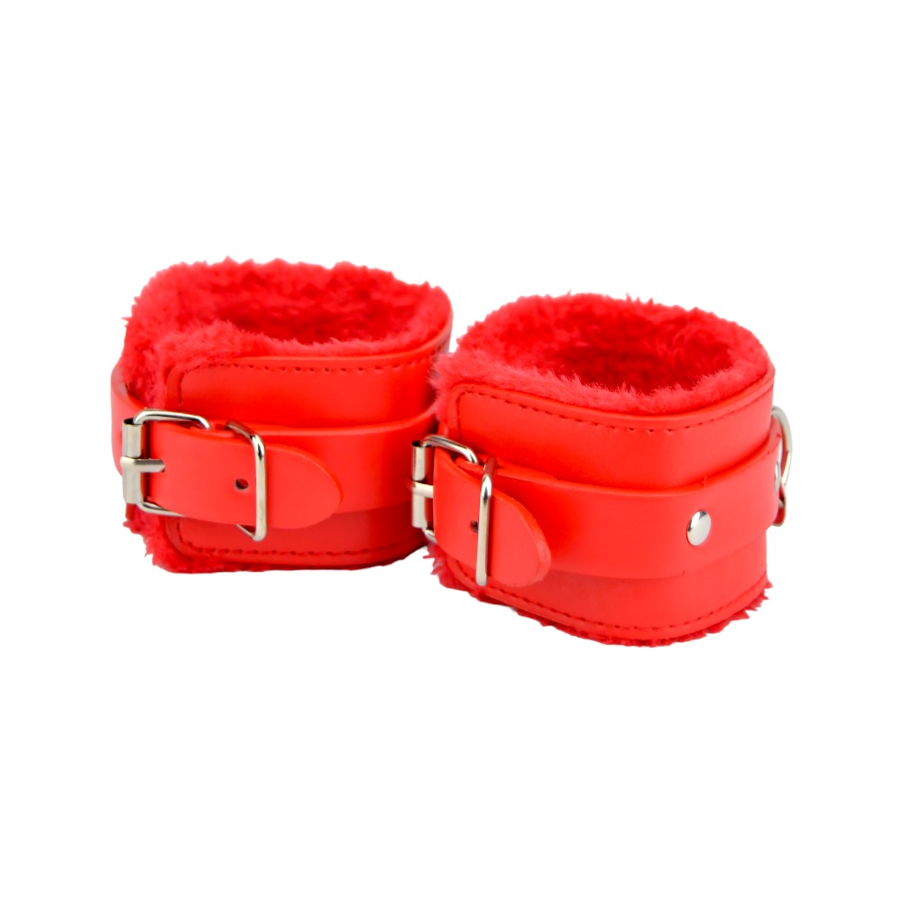 Bound to Please Furry Plush Wrist Cuffs Red, Red furry plush-lined wrist cuffs joined by a short metal connecting chain