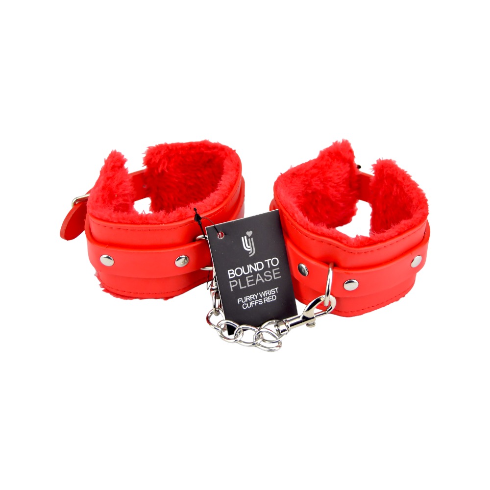 Bound to Please Furry Plush Wrist Cuffs Red, Red furry plush-lined wrist cuffs joined by a short metal connecting chain