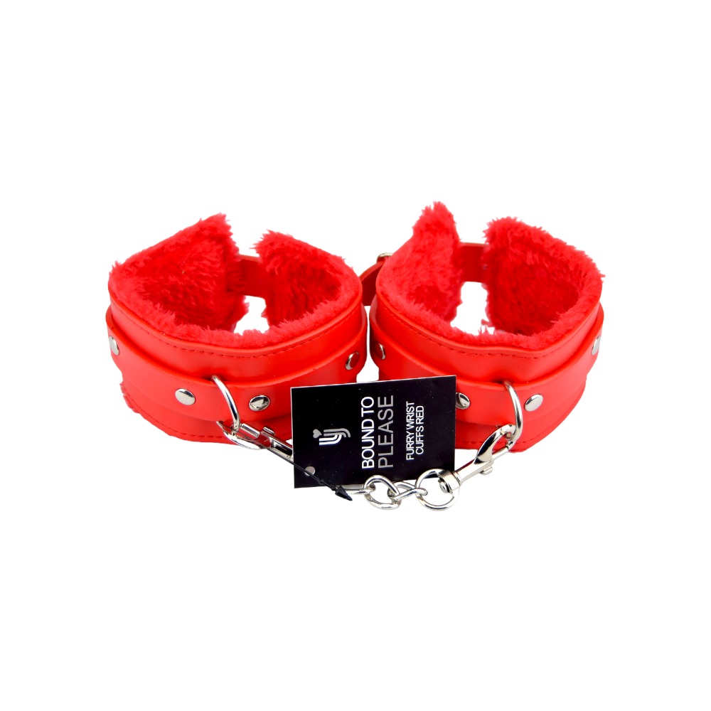 Bound to Please Furry Plush Wrist Cuffs Red, Red furry plush-lined wrist cuffs joined by a short metal connecting chain
