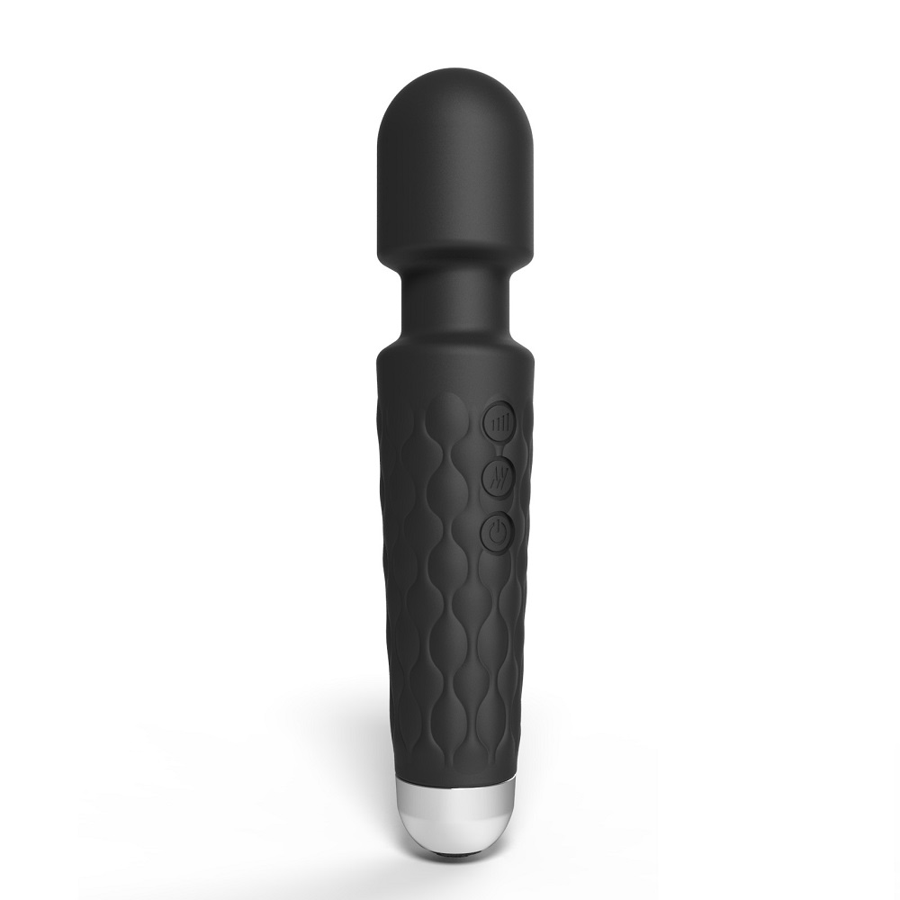 Loving Joy 20 Function Wand Vibrator Black, Black wand vibrator with a broad rounded head and slim flexible neck