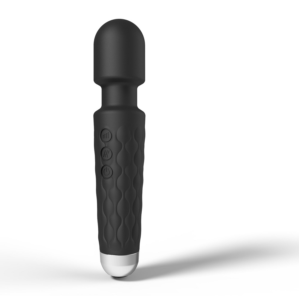 Loving Joy 20 Function Wand Vibrator Black, Black wand vibrator with a broad rounded head and slim flexible neck