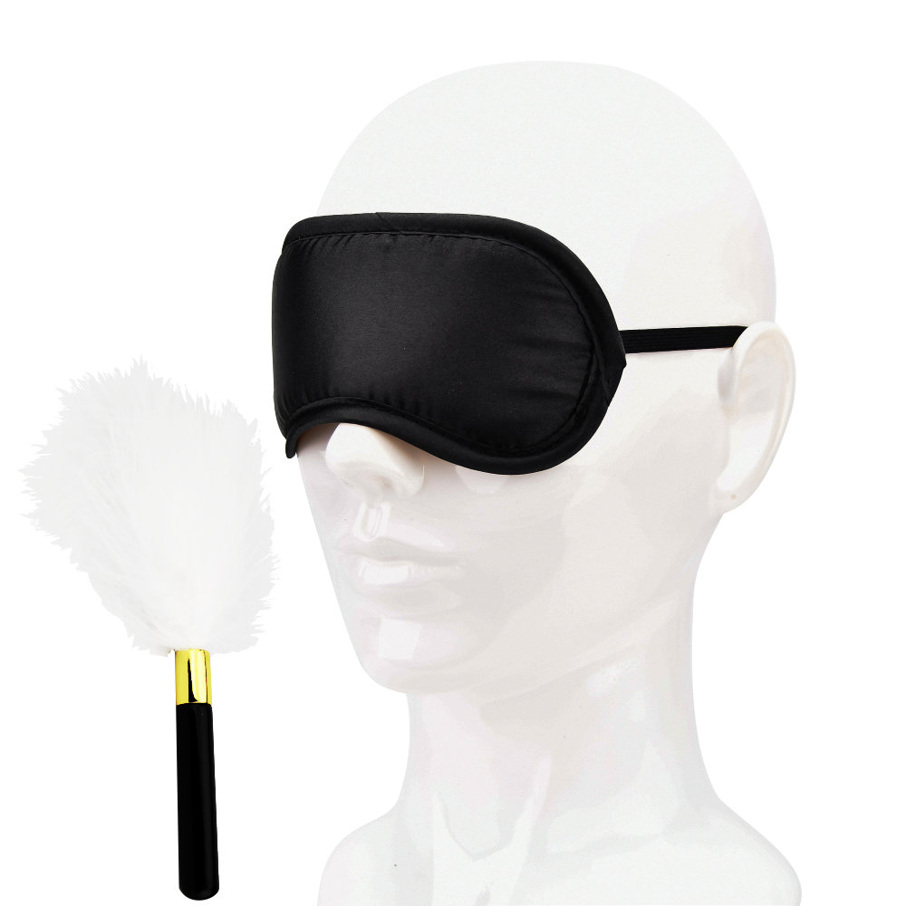 Bound to Play Eye Mask and Feather Tickler Play Kit, Red soft eye mask with double elastic strap alongside a black feather t…