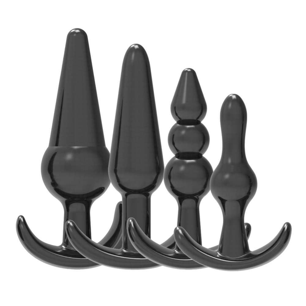 Loving Joy Butt Plug Training Kit Black, Set of four black butt plugs in graduated sizes, each with a tapered tip and flared…