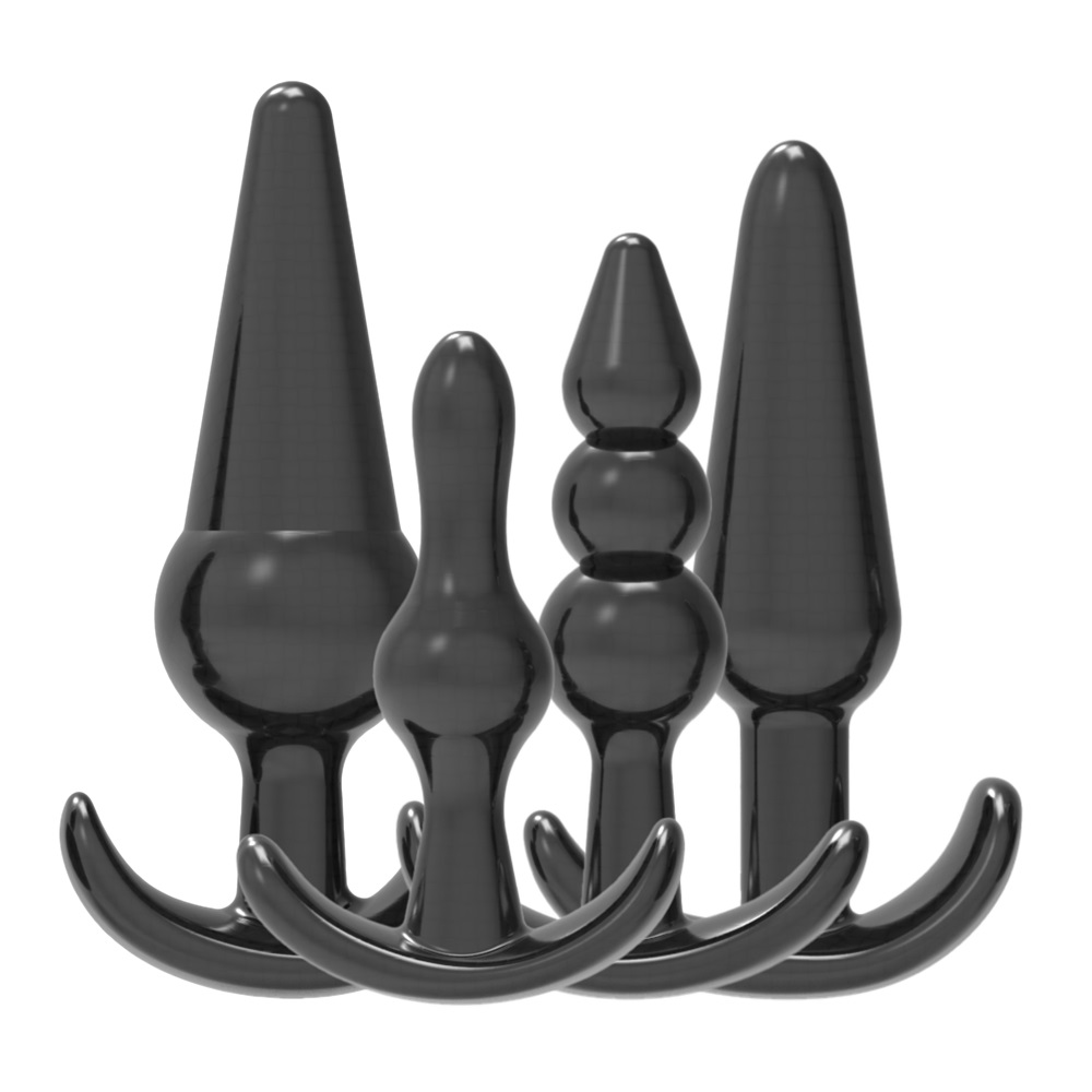 Loving Joy Butt Plug Training Kit Black, Set of four black butt plugs in graduated sizes, each with a tapered tip and flared…