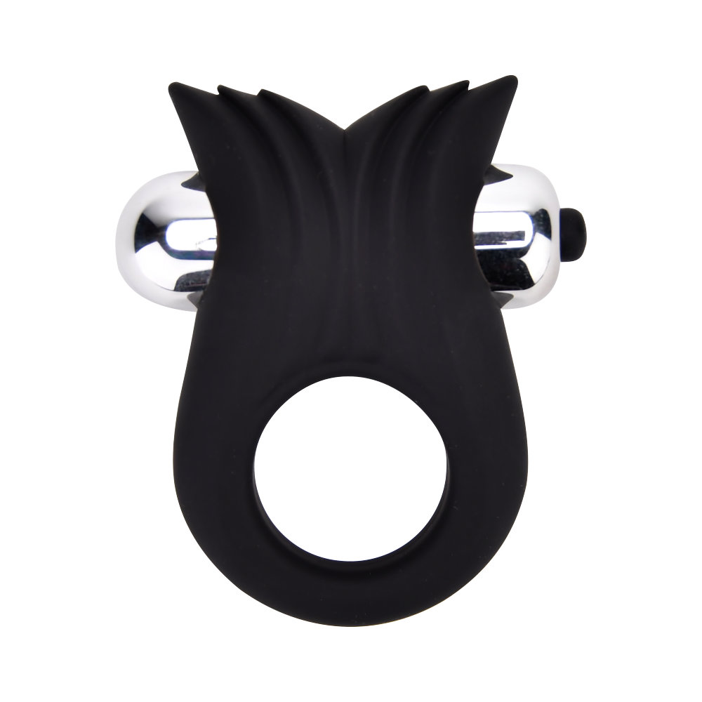 Loving Joy Silicone Vibrating Textured Cock Ring, Silicone cock ring with a raised textured clitoral stimulator holding a sm…