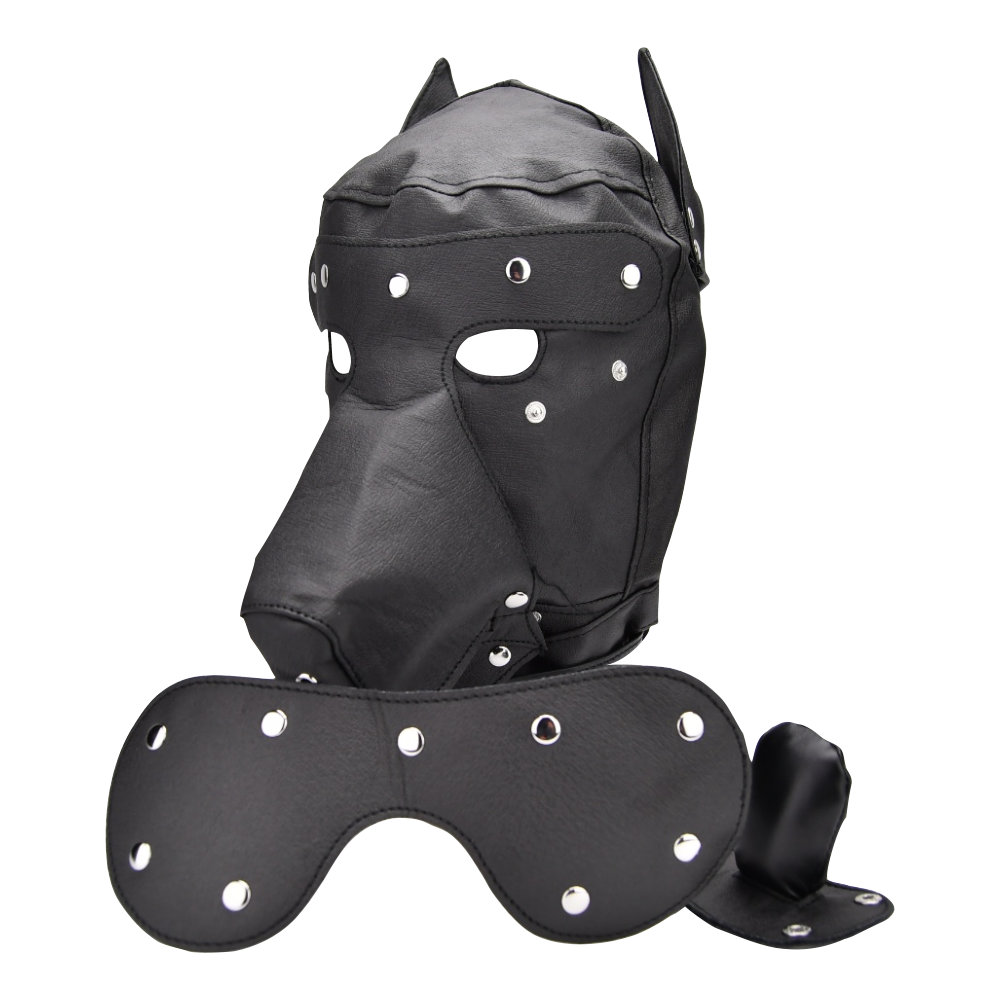 Bound to Please Dog Mask, Dog-style bondage hood with pointed ears, zipped snout, blindfold, padded gag and laced ba