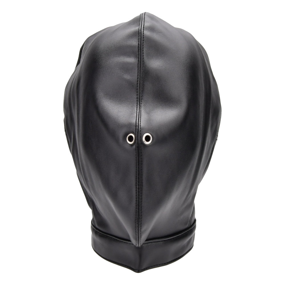 Bound to Please Blackout Hood, Full-coverage bondage hood with laced back, buckle fastening, adjustable collar and small
