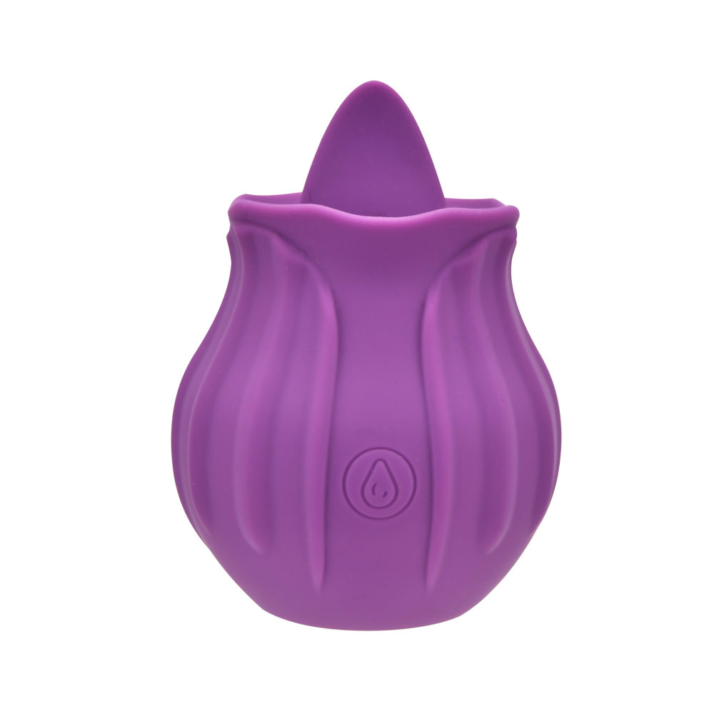Loving Joy Rose Licking Clitoral Vibrator Purple, Purple rose-shaped clitoral vibrator with a small central tongue between t…