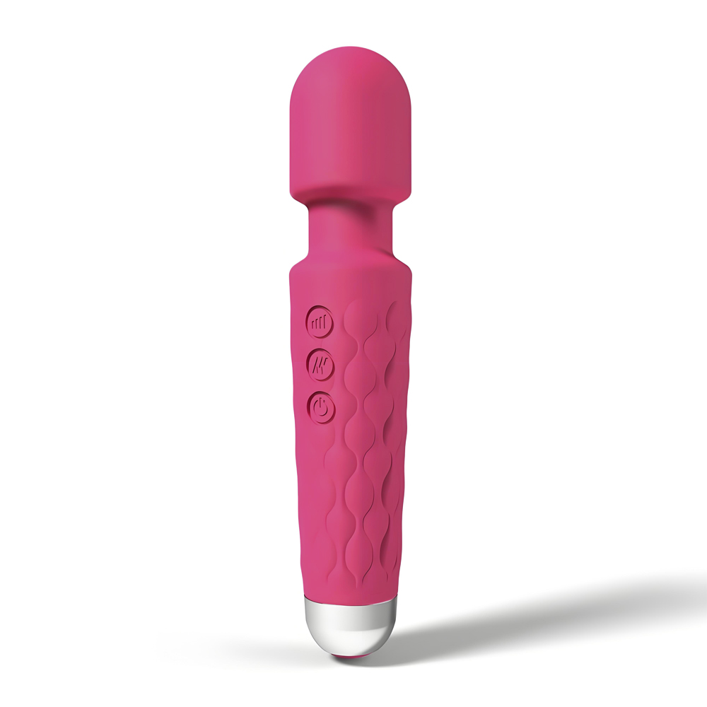 Loving Joy 20 Function Wand Vibrator Pink, Pink wand vibrator with a rounded flexible head on a long slim handle, shown from…