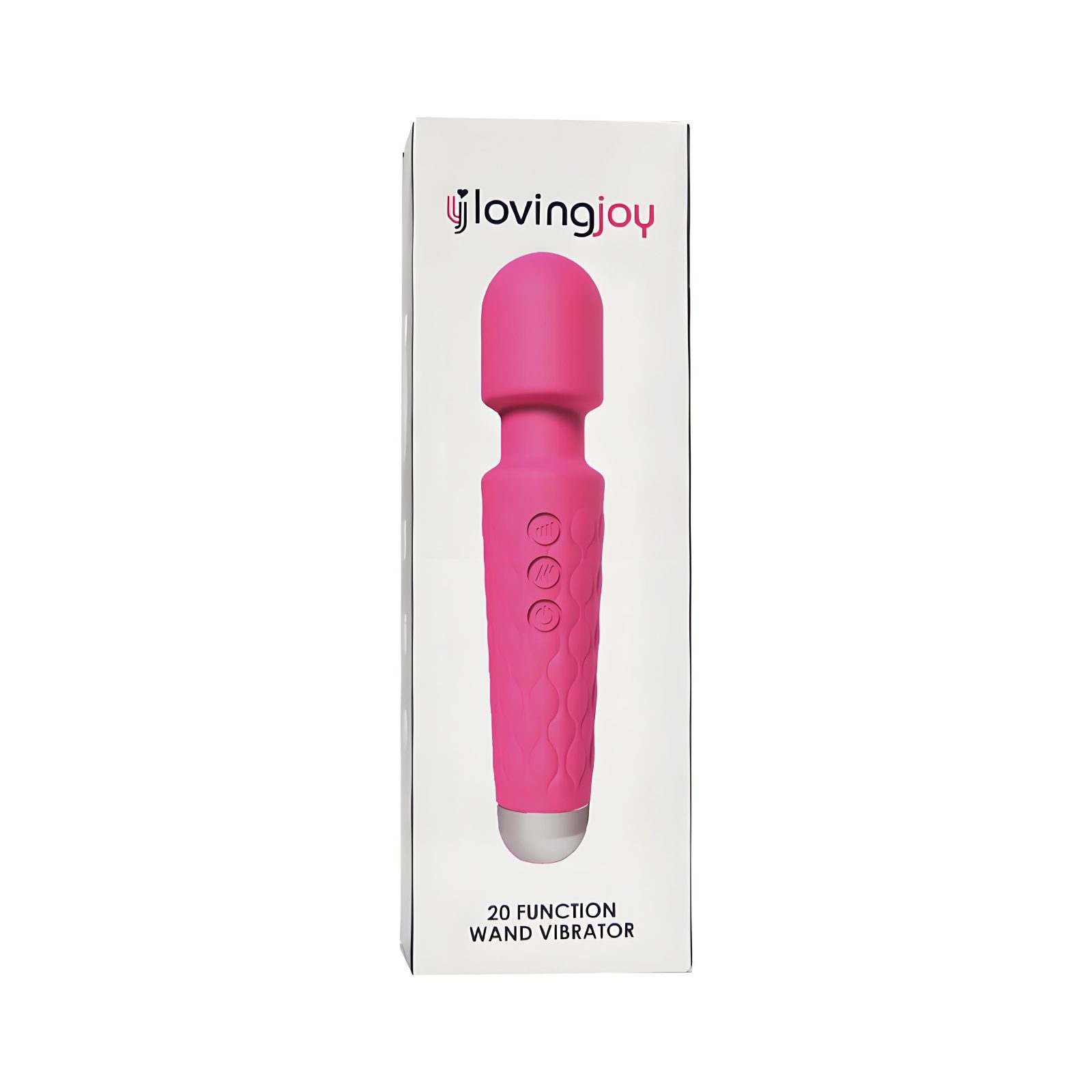 Loving Joy 20 Function Wand Vibrator Pink, Pink wand vibrator with a rounded flexible head on a long slim handle, close-up d…