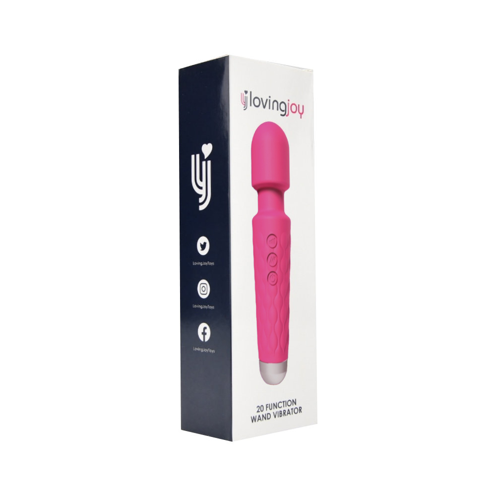 Loving Joy 20 Function Wand Vibrator Pink, Pink wand vibrator with a rounded flexible head on a long slim handle, shown in i…