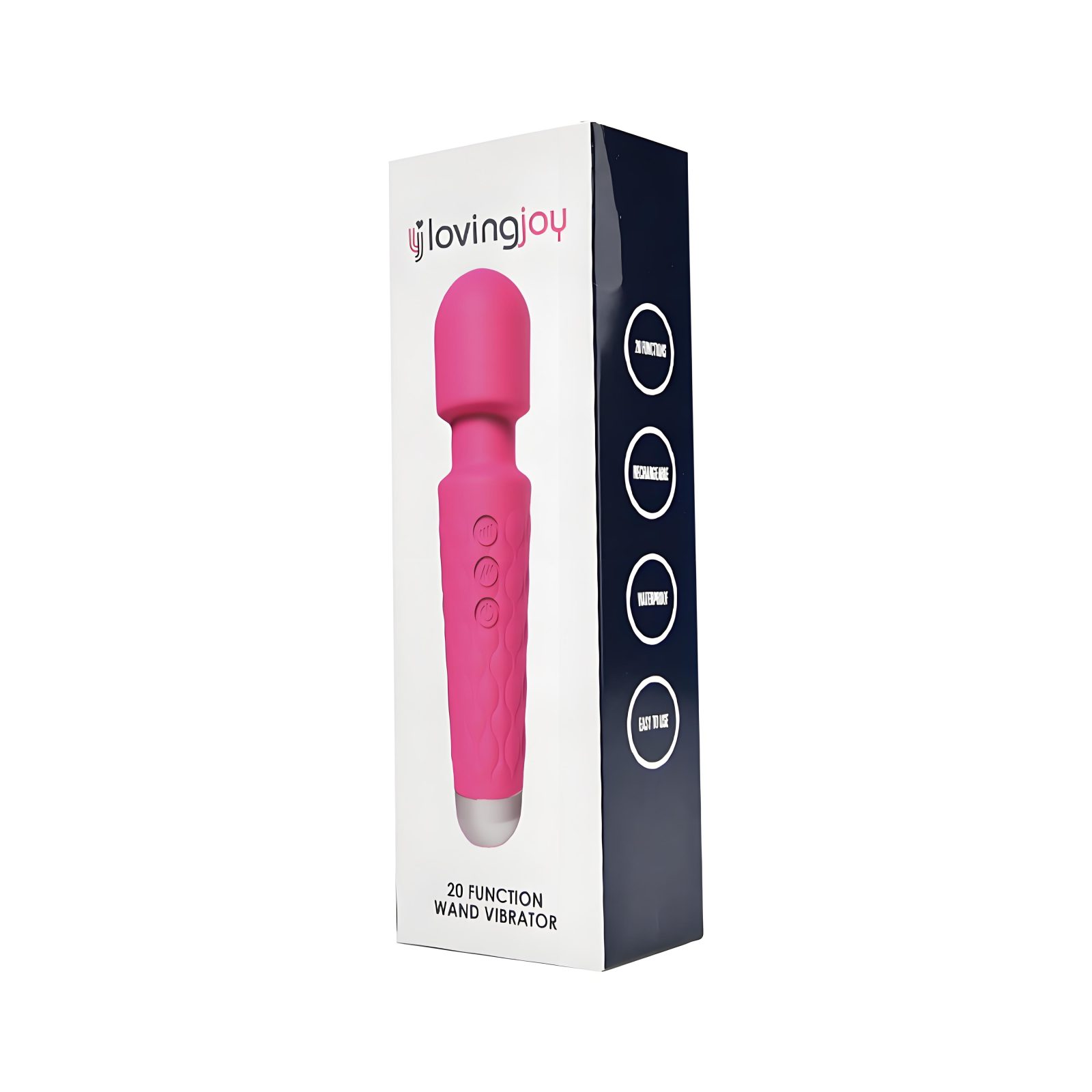 Loving Joy 20 Function Wand Vibrator Pink, Pink wand vibrator with a rounded flexible head on a long slim handle, photograph…