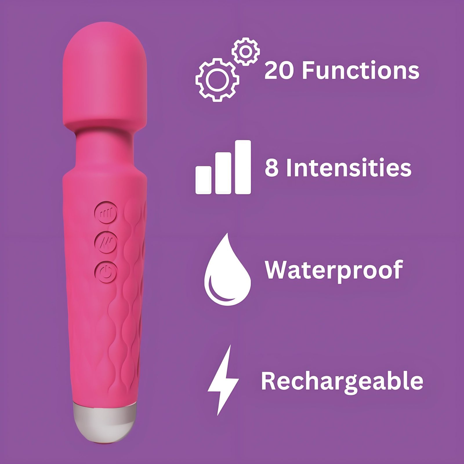 Loving Joy 20 Function Wand Vibrator Pink, Pink wand vibrator with a rounded flexible head on a long slim handle, photograph…