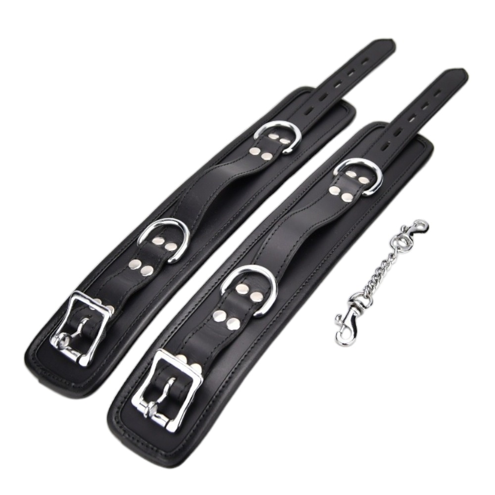 BOUND Leather Ankle Restraints, Pair of padded nubuck leather ankle cuffs with silver buckles, D-rings and connecting trig