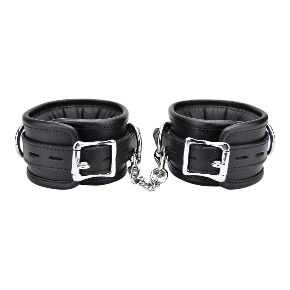 BOUND Leather Ankle Restraints, Pair of padded nubuck leather ankle cuffs with silver buckles, D-rings and connecting trig,…