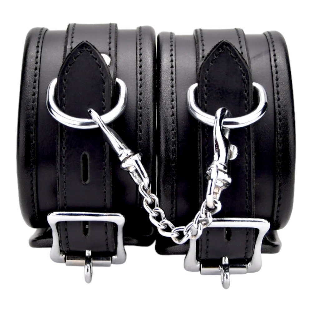 BOUND Leather Ankle Restraints, Pair of padded nubuck leather ankle cuffs with silver buckles, D-rings and connecting trig,…