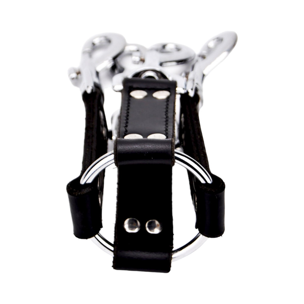 BOUND Leather 4 Way Hog Tie, Four double-layered leather straps radiating from a central metal ring with trigger hooks