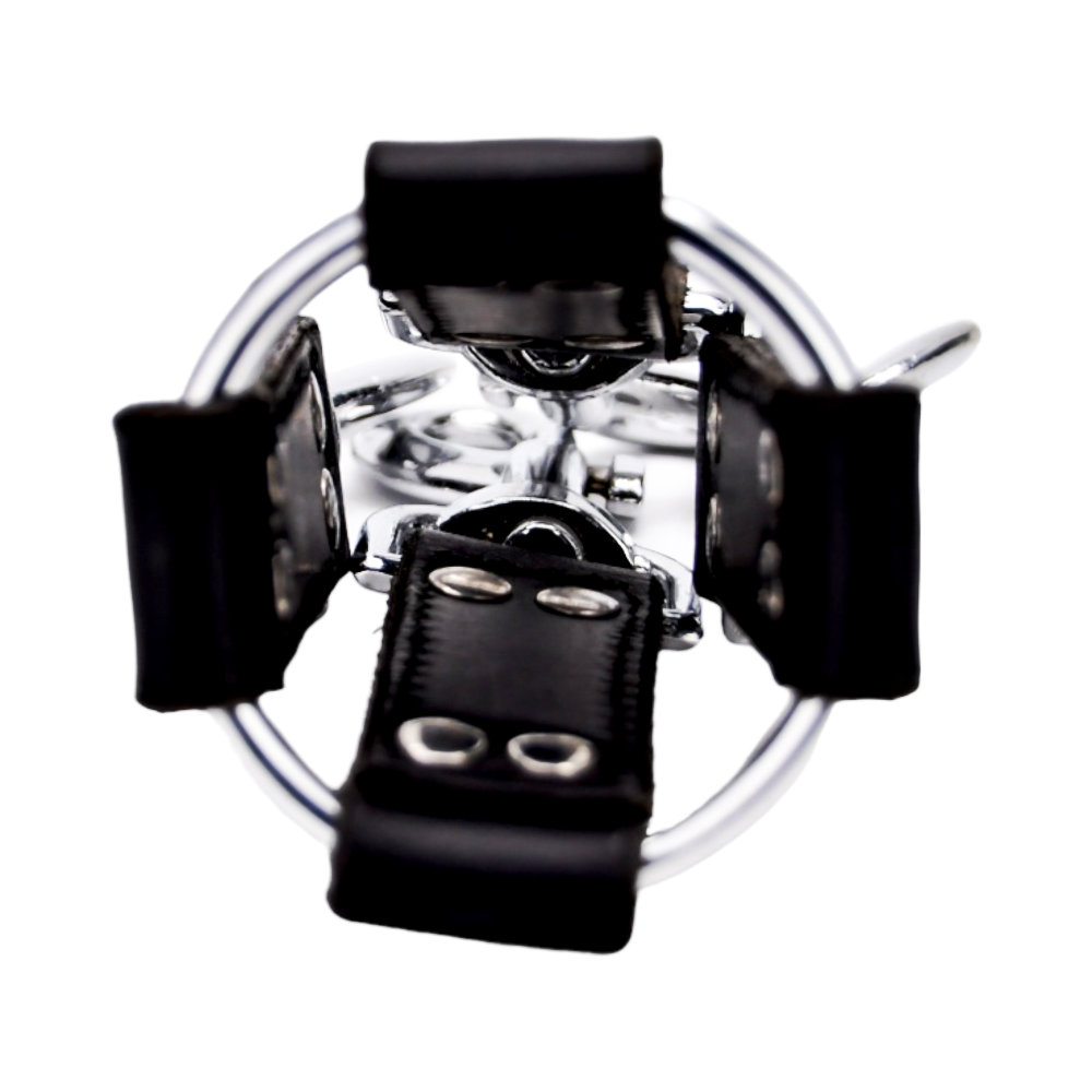 BOUND Leather 4 Way Hog Tie, Four double-layered leather straps radiating from a central metal ring with trigger hooks
