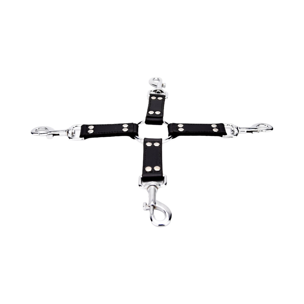 BOUND Leather 4 Way Hog Tie, Four double-layered leather straps radiating from a central metal ring with trigger hooks