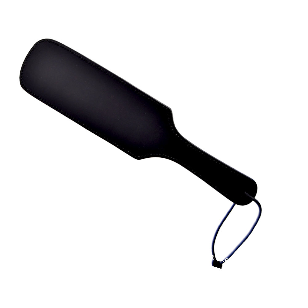 BOUND Leather Paddle, Firm black nubuck leather paddle with a rectangular strike surface and wrist-wrap handle