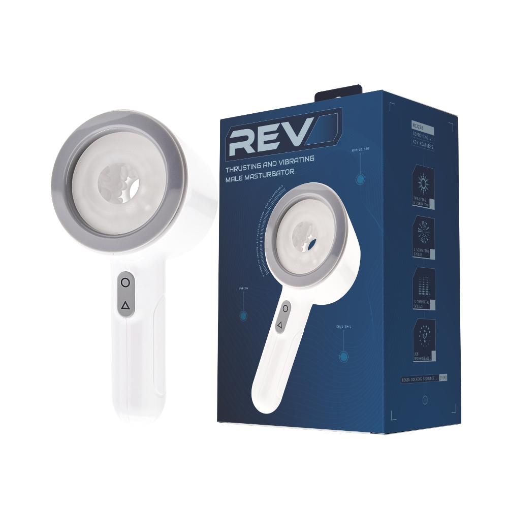 REV Thrusting and Vibrating Open Ended Male Masturbator, Handheld open-ended male masturbator with a cylindrical body design…