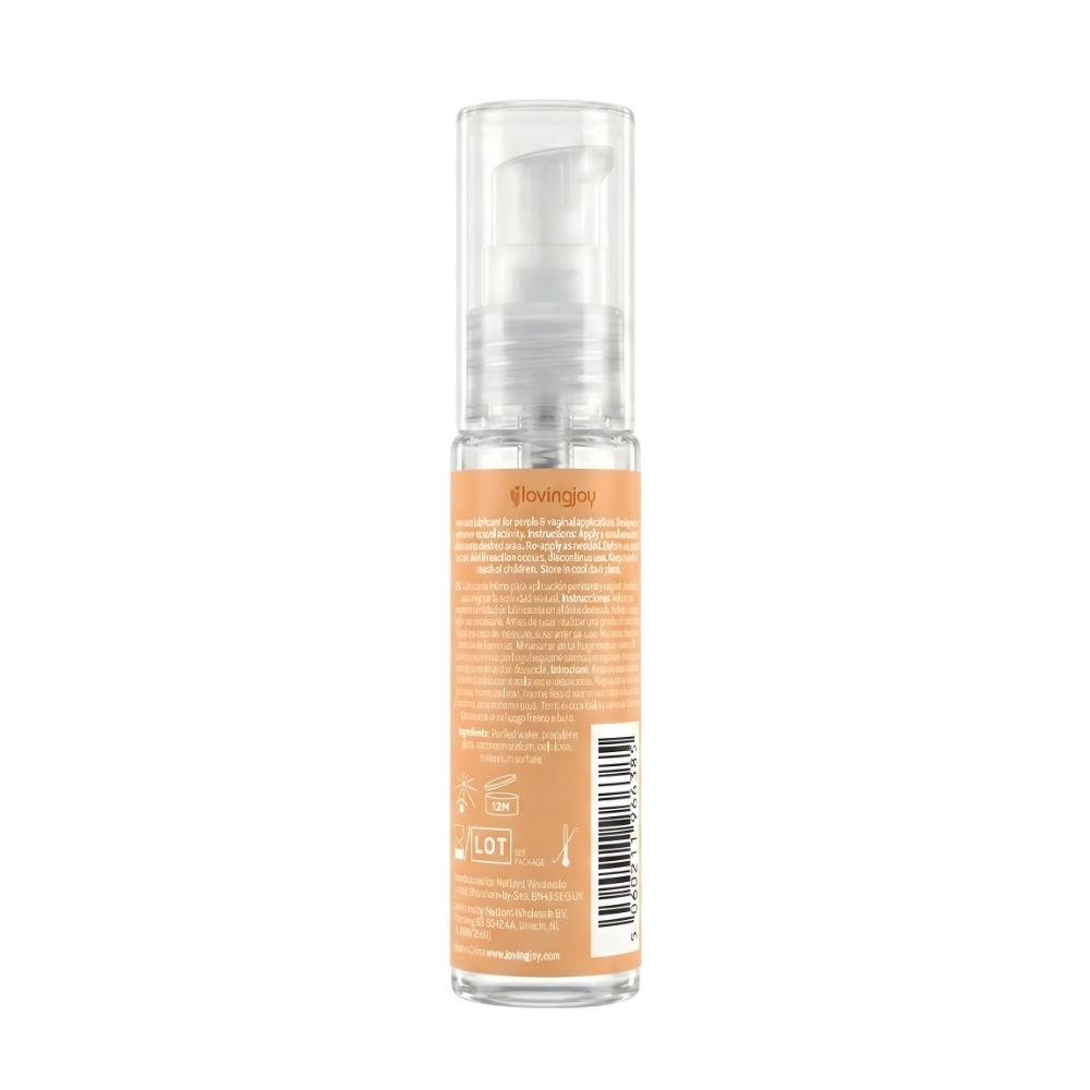 Loving Joy Peach Flavoured Lubricant 30ml, shown from the back