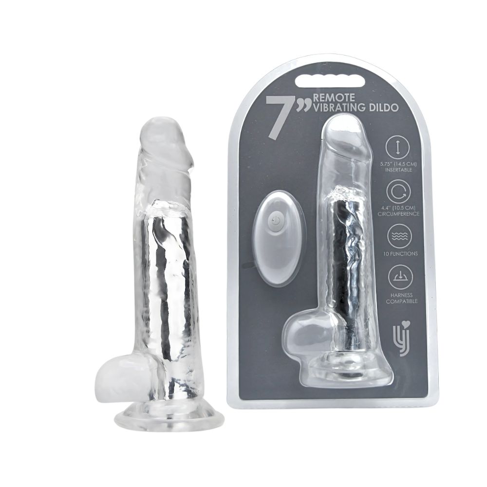 Loving Joy 7 Inch Remote Vibrating Dildo, Transparent realistic dildo with balls, ribbed shaft and a flat suction cup base