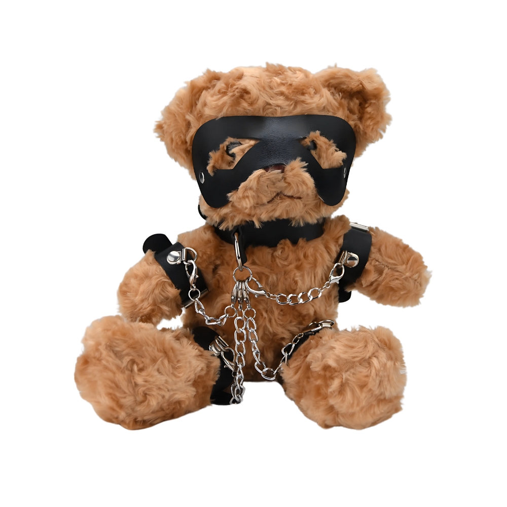 Bound to Please Bondage Bear, Plush teddy bear in faux leather harness and mask with chain accessories, 30cm tall
