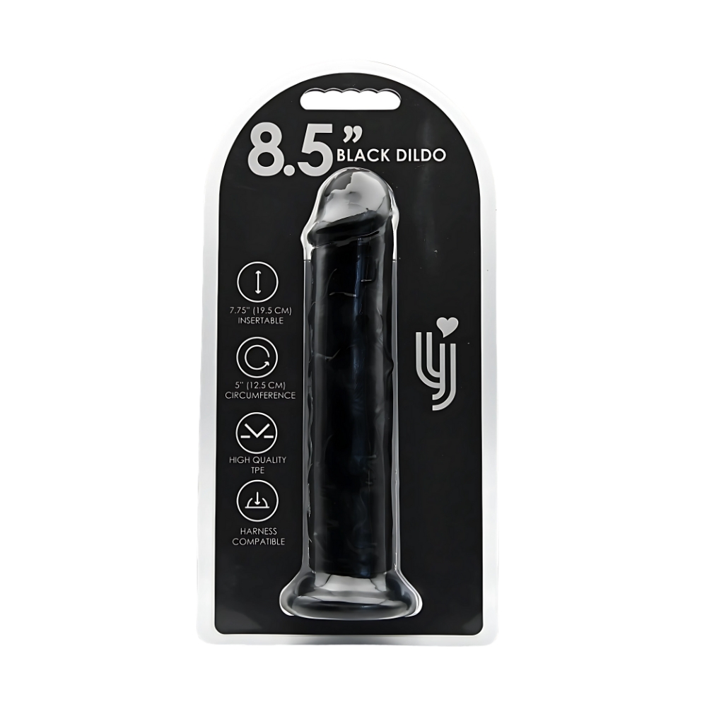 Loving Joy 8.5 Inch Suction Cup Dildo Black, shown in its packaging