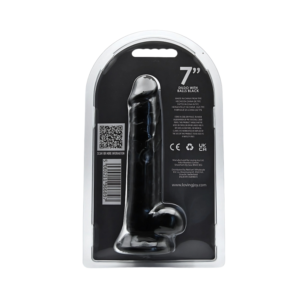 Loving Joy 7 Inch Dildo with Balls Black, shown in its packaging