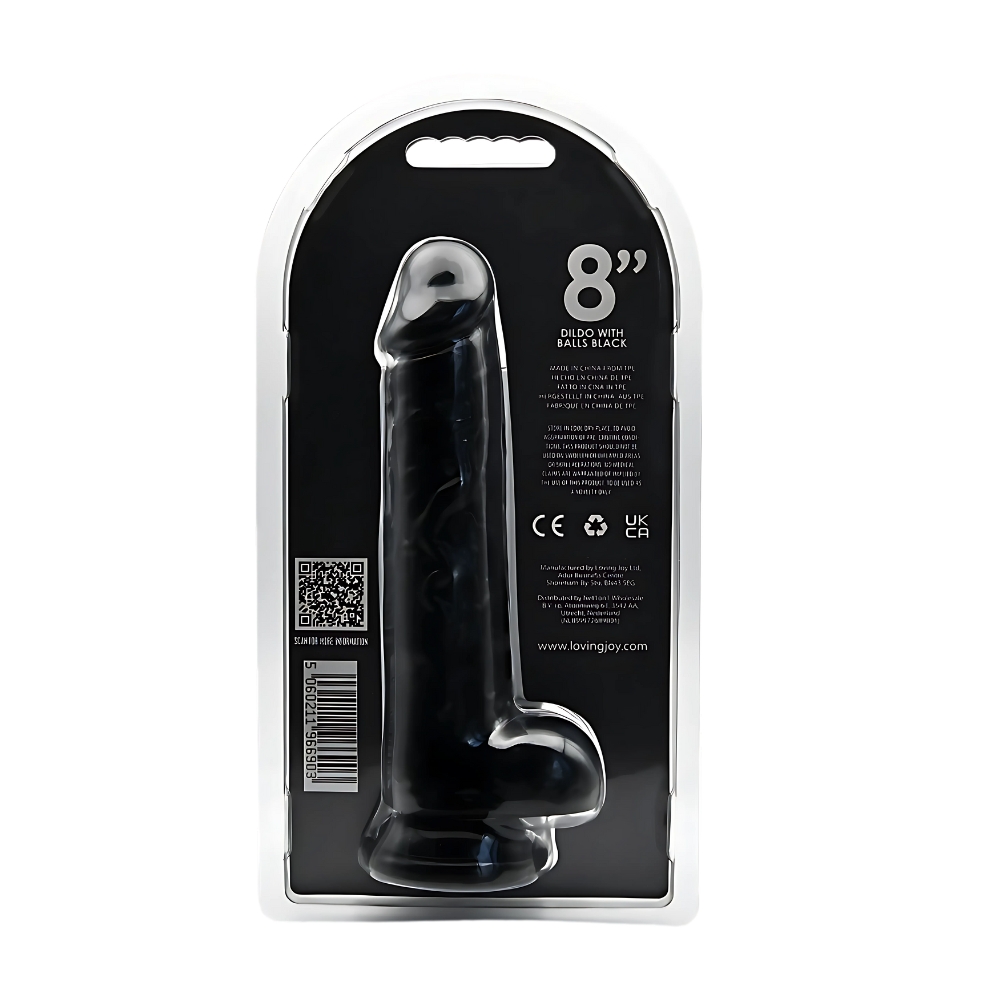 Loving Joy 8 Inch Dildo with Balls Black, shown in its packaging