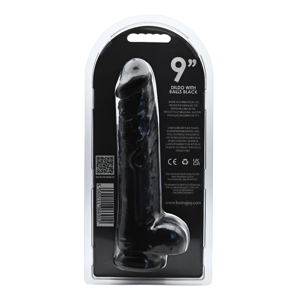 Loving Joy 9 Inch Dildo with Balls Black, shown in its packaging