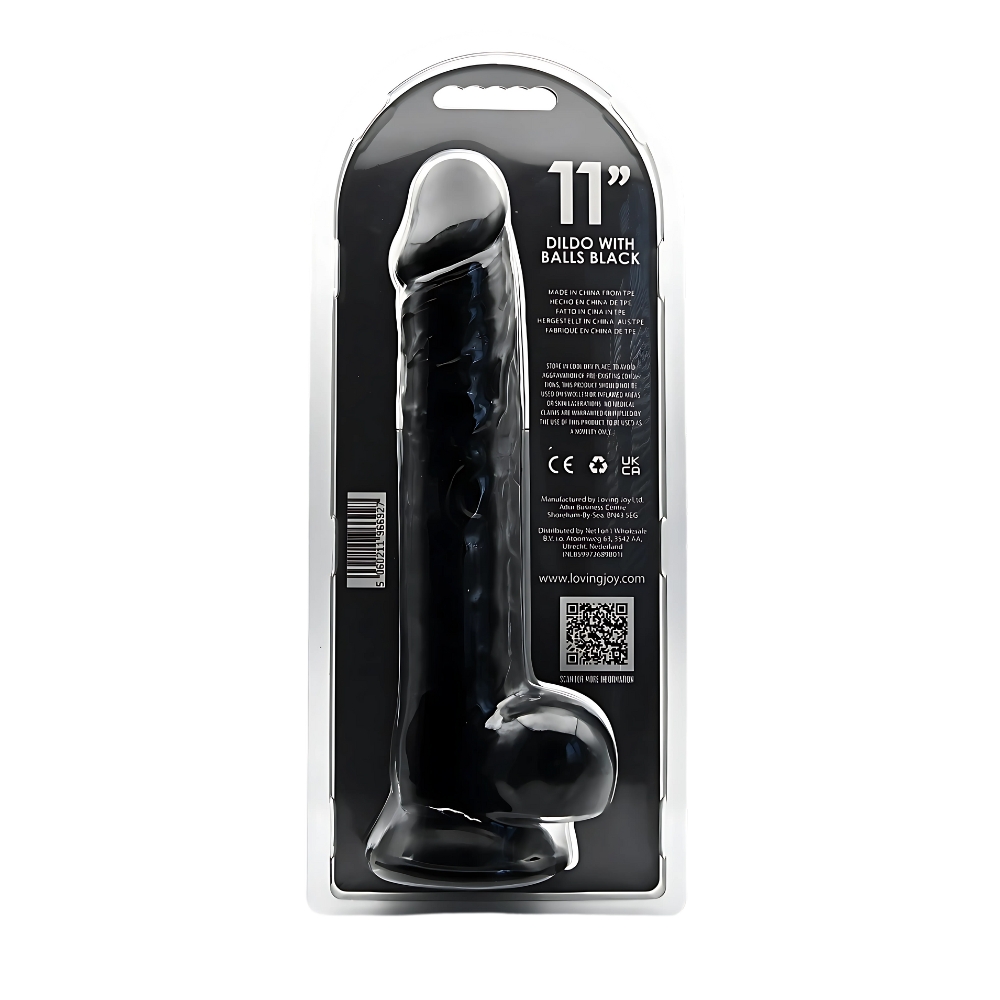 Loving Joy 11 Inch Dildo with Balls Black, shown in its packaging