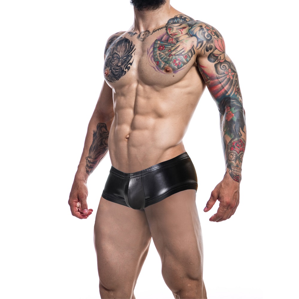C4M Booty Shorts Black Leatherette - Medium, shown from the side