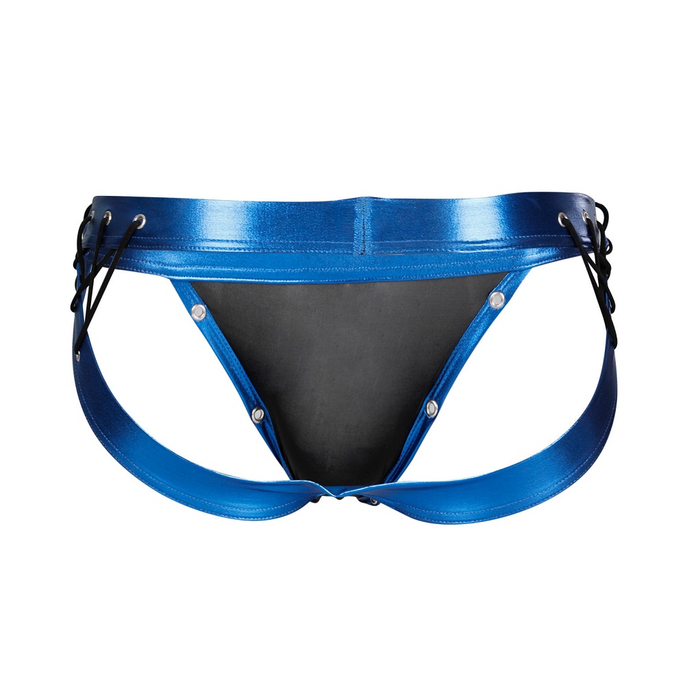C4M Desire Jockstrap Blue Leatherette - Small, shown from the back