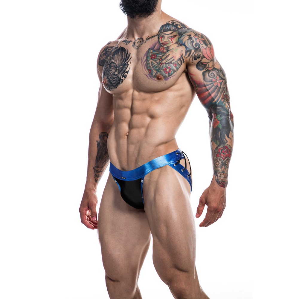 C4M Desire Jockstrap Blue Leatherette - Small, shown from the side