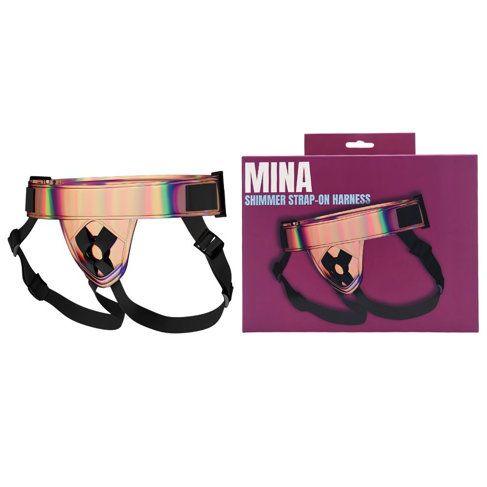 Mina Shimmer Strap-On Harness, Adjustable strap-on harness with holographic shimmer finish, O-ring front and dual adjusta
