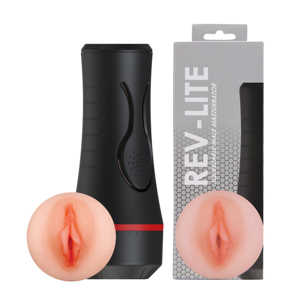 Rev-Lite Squeezable Male Masturbator, Hard-cased male masturbator with squeezable pressure plate and soft textured internal…