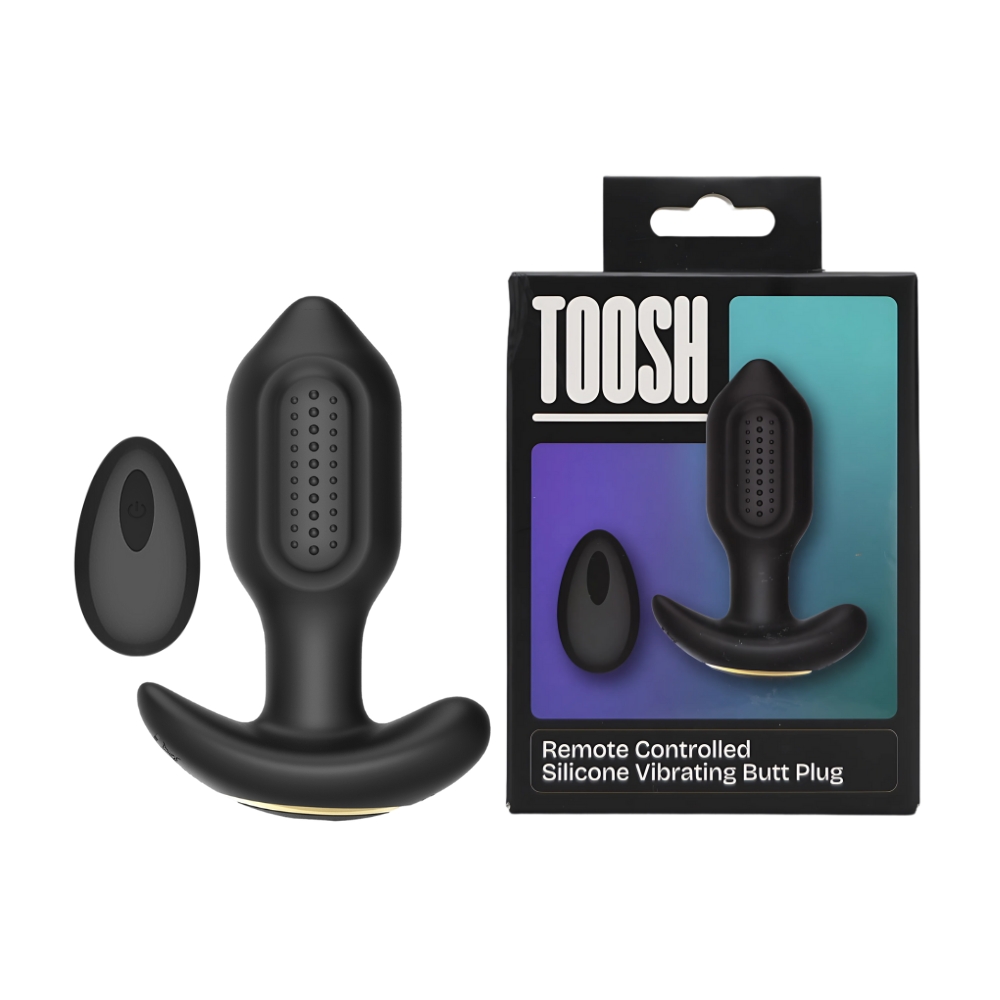 Toosh Remote Controlled Silicone Vibrating Butt Plug, Tapered silicone butt plug with flared base alongside a small wireless…