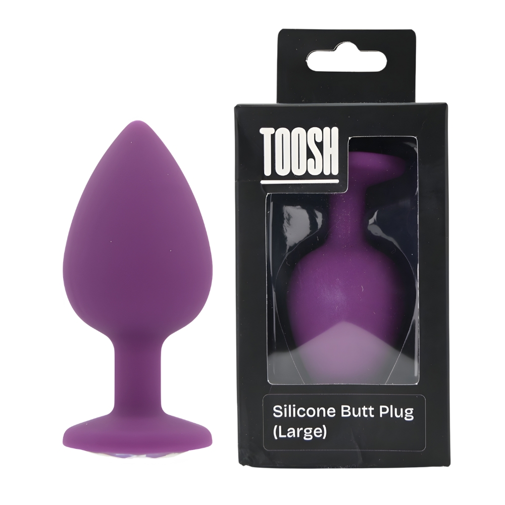 Toosh Purple Silicone Butt Plug Large, Purple tapered silicone butt plug with a smooth body and a jewelled base